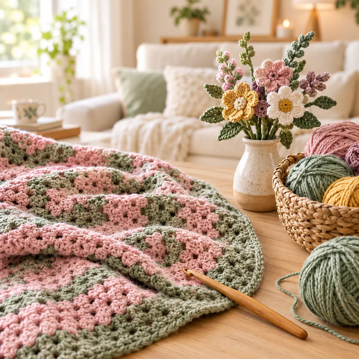 Cozy handmade crochet blanket, yarn balls and crochet flowers on a wooden table
