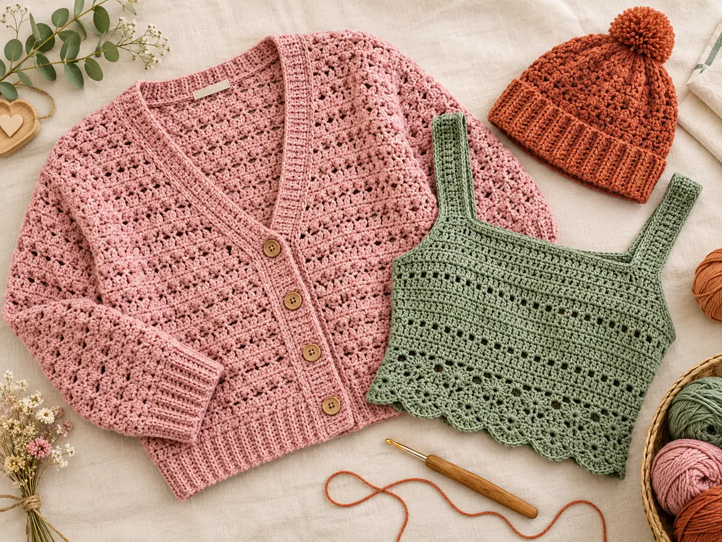 home page 1 2 Handmade crochet cardigan, top and beanie