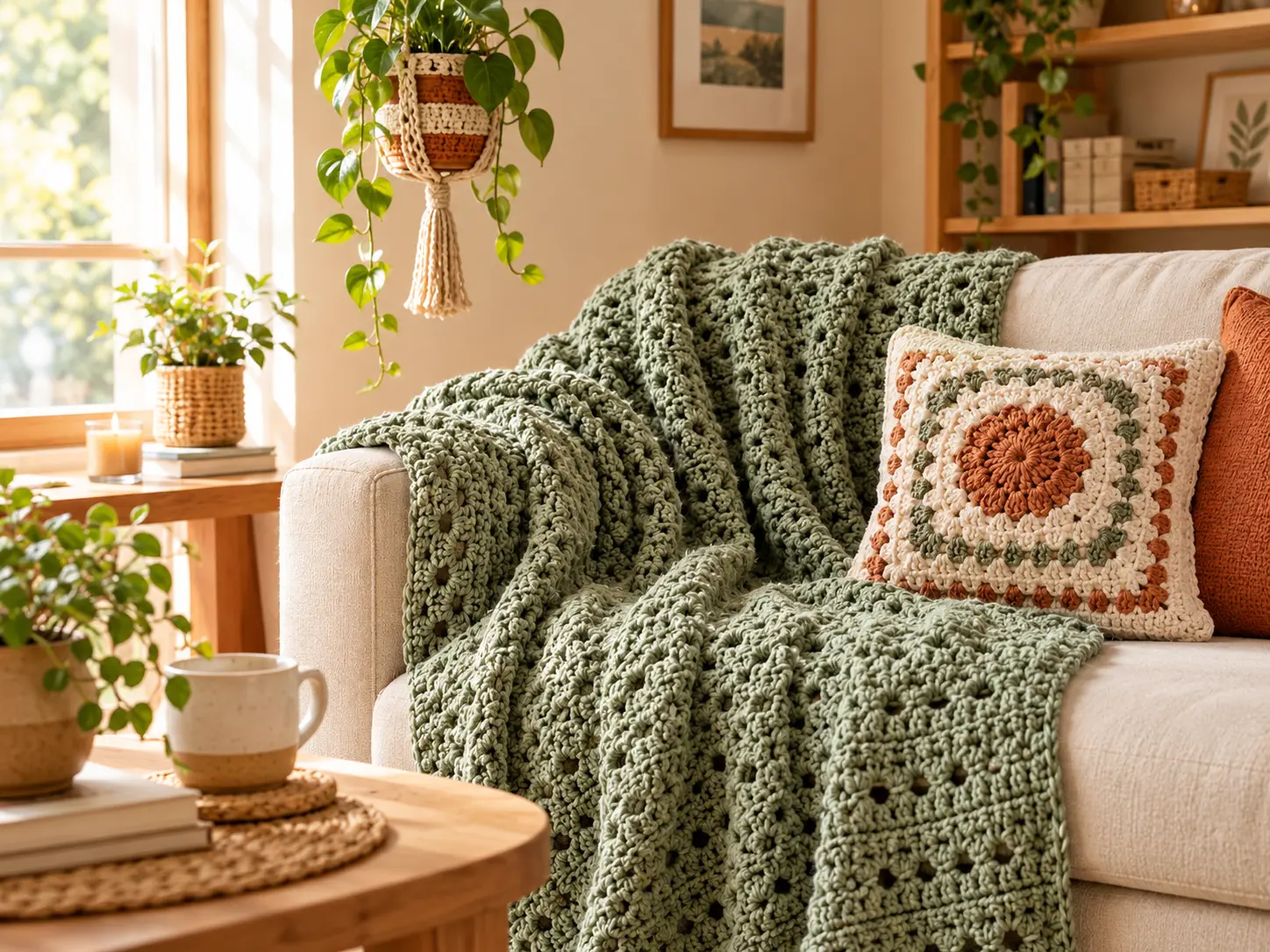 home page 1 3 Crochet blanket, cushion and plant hanger in a cozy living room
