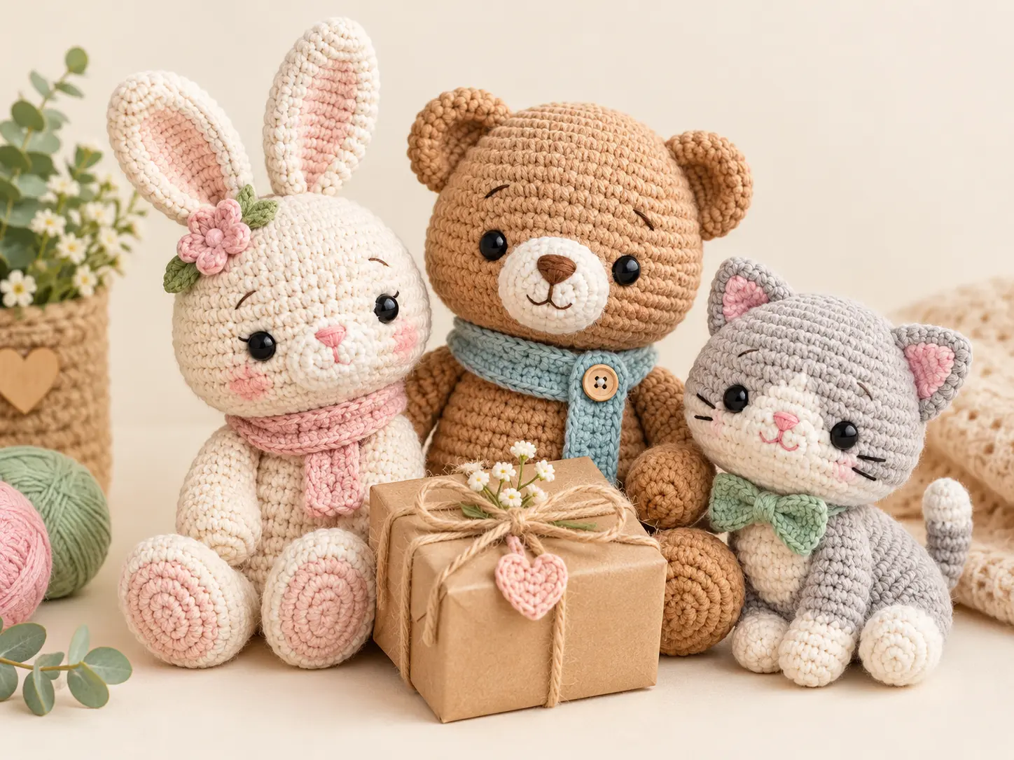 home page 1 4 Crochet amigurumi animals beside a handmade gift box