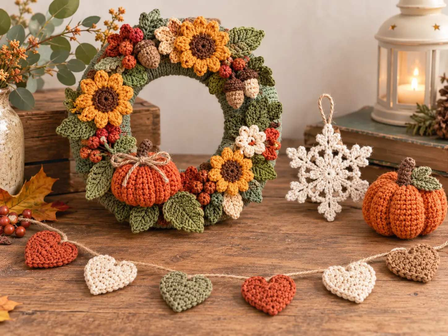 home page 1 5 Handmade seasonal crochet decorations on a rustic table