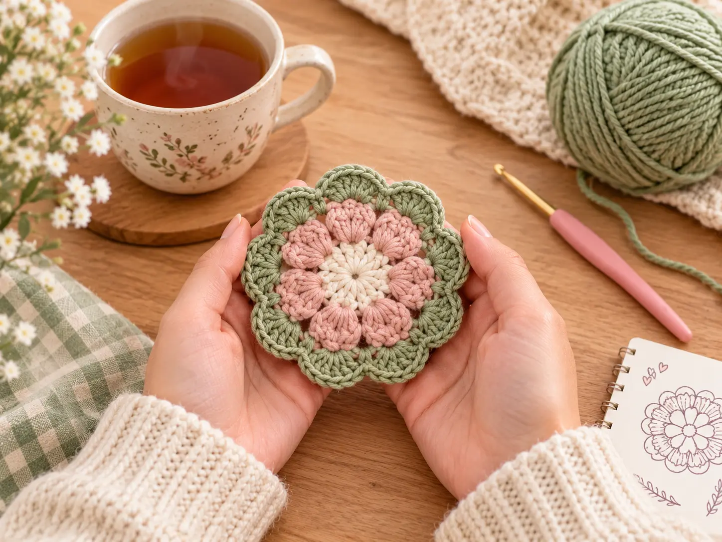 home page 1 8 Hands holding a small finished crochet coaster with a cup of tea